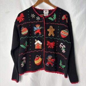 Vtg Nutcracker Women L Ugly Christmas Holiday Sweater Button Up Black Cardigan
